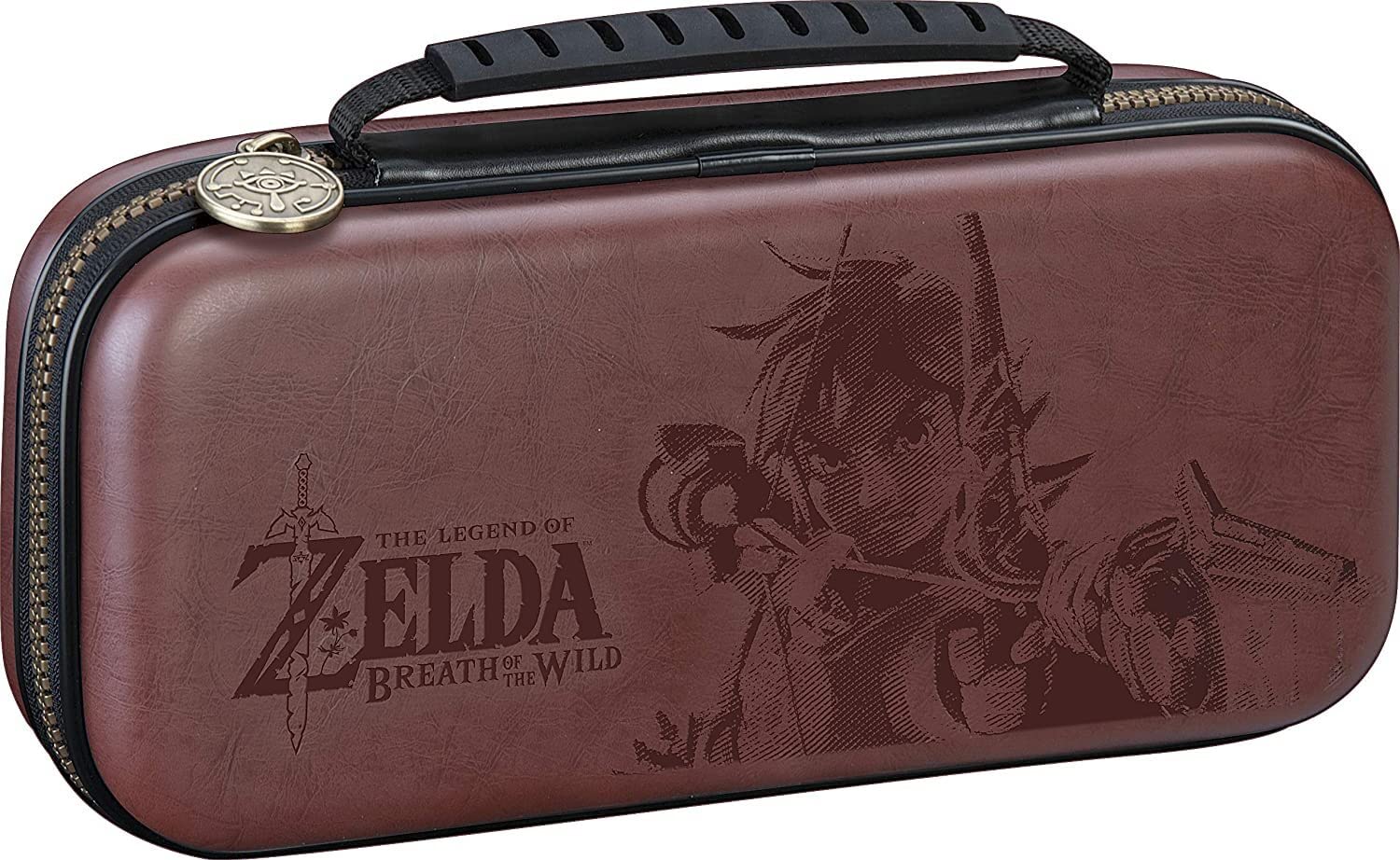 Officially Licensed Nintendo Switch Deluxe Zelda Link Travel Case – Premium Hard Case Made with Koskin Saddle Leather Embossed with Zelda Breath of The Wild Art 2 Game Cases