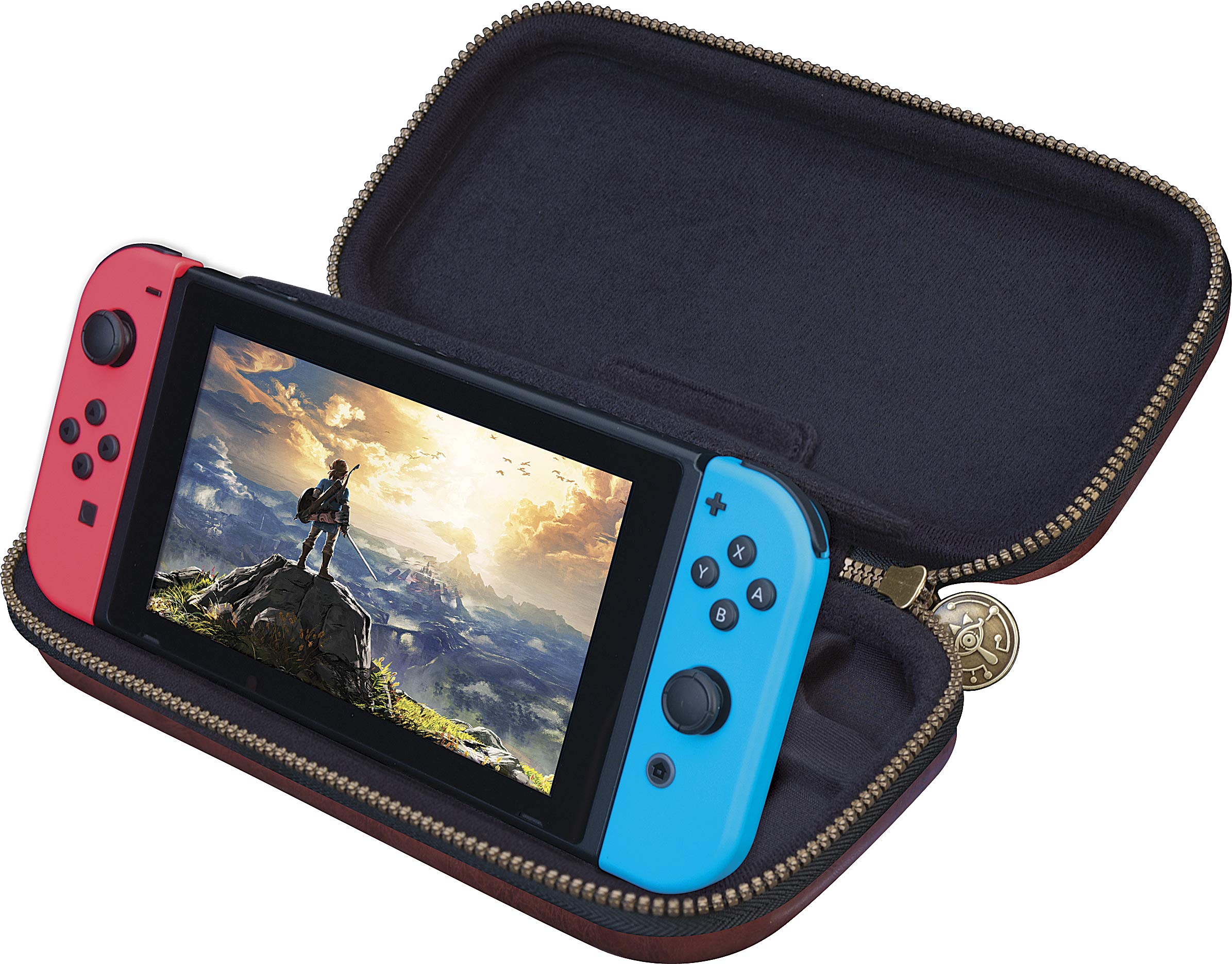 Officially Licensed Nintendo Switch Deluxe Zelda Link Travel Case – Premium Hard Case Made with Koskin Saddle Leather Embossed with Zelda Breath of The Wild Art 2 Game Cases