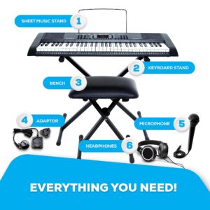 Alesis Melody 61 Key Keyboard Piano for Beginners with Speakers, Stand, Bench, Headphones, Microphone, Sheet Music Stand, 300 Sounds and Music Lessons