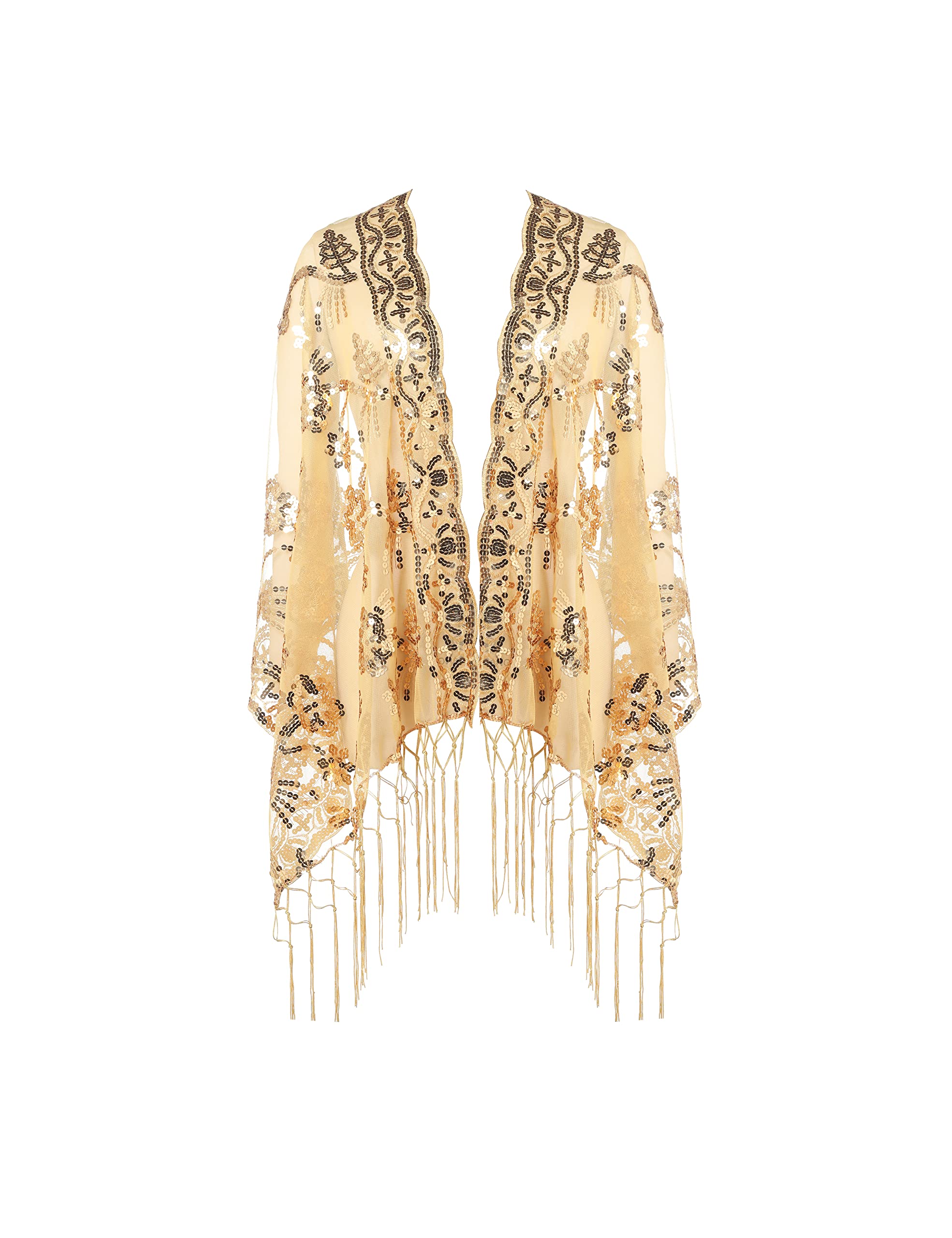 BABEYOND 1920s Shawl Wraps Sequin Fringed Evening Cape Wedding Bridal Shawl Scarf for Evening Dresses Party (Gold)