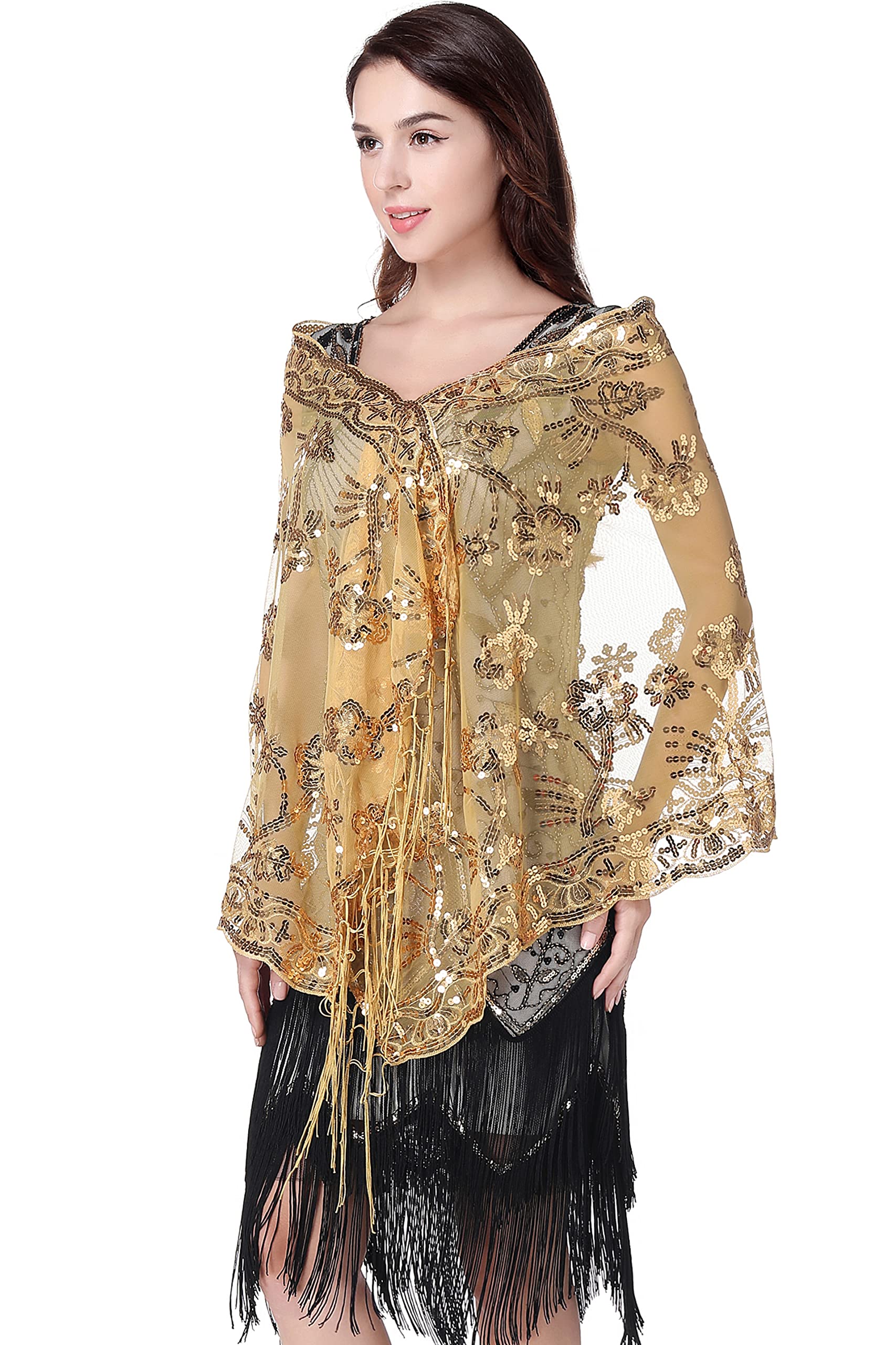 BABEYOND 1920s Shawl Wraps Sequin Fringed Evening Cape Wedding Bridal Shawl Scarf for Evening Dresses Party (Gold)