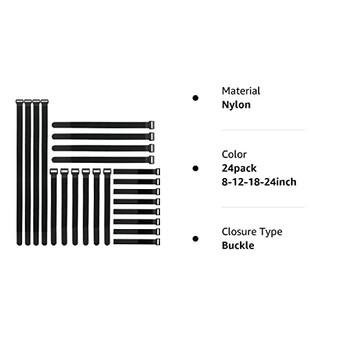 YiwerDer Reusable Fastening Cable Straps and Cable Ties Set 24 Pack(8"-12"-18"-24"), Adjustable Hook Loop Cord Management Wire Organizer Straps