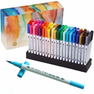 GC 100 Dual Tip Brush Pen Coloring Markers Set Flexible Brush Fineliner Tips - Watercolor Based Markers for Adult Coloring Books Calligraphy Hand Lettering Drawing Markers 100W