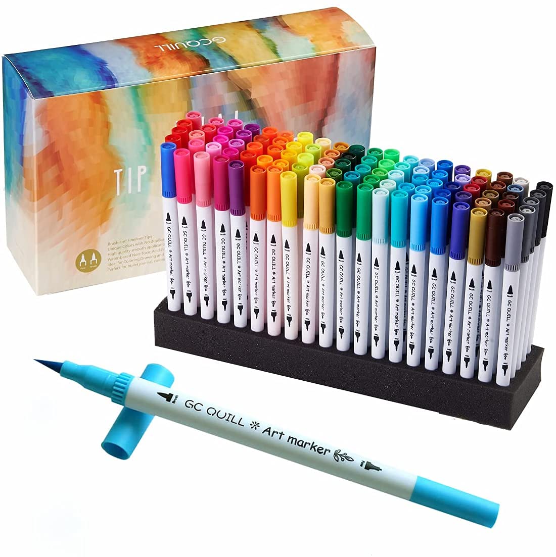 GC 100 Dual Tip Brush Pen Coloring Markers Set Flexible Brush Fineliner Tips - Watercolor Based Markers for Adult Coloring Books Calligraphy Hand Lettering Drawing Markers 100W