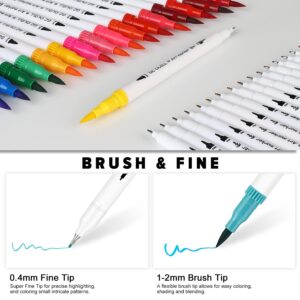 GC 100 Dual Tip Brush Pen Coloring Markers Set Flexible Brush Fineliner Tips - Watercolor Based Markers for Adult Coloring Books Calligraphy Hand Lettering Drawing Markers 100W