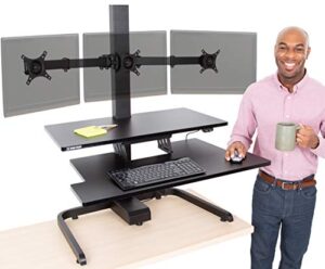 stand steady techtonic electric standing desk converter with triple monitor mount, 3 screen support, quiet sit-stand desk with button control, keyboard tray, ideal for gaming & computer work (black)