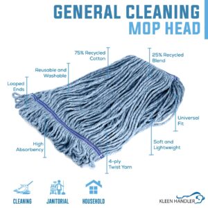 KLEEN HANDLER Bulk Pack of 6 HEAVY DUTY Commercial Mop Head Replacement, Wet Industrial Cotton Looped End String Cleaning Mop Head Refill, Blue Mop