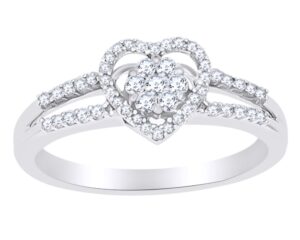 round shape white natural diamond heart frame promise ring in 925 sterling silver (0.25 cttw) ring size-10