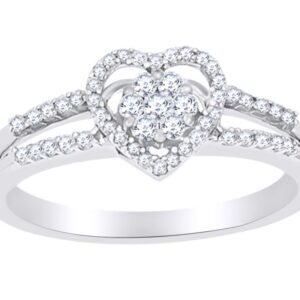 Round Shape White Natural Diamond Heart Frame Promise Ring In 925 Sterling Silver (0.25 cttw) Ring Size-10