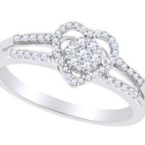 Round Shape White Natural Diamond Heart Frame Promise Ring In 925 Sterling Silver (0.25 cttw) Ring Size-10