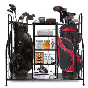 morvat golf organizer extra large double metal black stand perfect way to store & organize your golfing bags, clubs, balls, gadgets, accessories & equipment in shed, basement, and garage