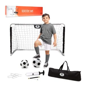 Morvat Kids Metal Poles Soccer Goal Set Portable Lightweight Training Equipment Backyard & Indoors Premium 48”x30” Net + 2 Size Soccer Balls + Ball Pump + Storage Bag – Color: Black & White