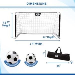 Morvat Kids Metal Poles Soccer Goal Set Portable Lightweight Training Equipment Backyard & Indoors Premium 48”x30” Net + 2 Size Soccer Balls + Ball Pump + Storage Bag – Color: Black & White