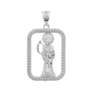 925 Sterling Silver Santa Muerte Rope-Style Rectangular Frame Pendant