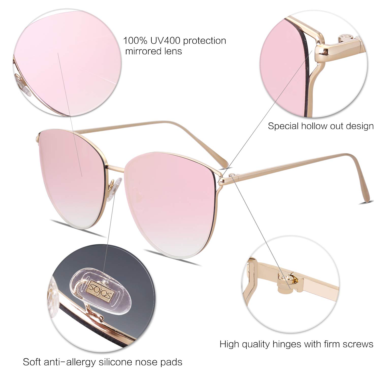 SOJOS Mirrored Flat Lens Fashion Sunglasses for Women SJ1085 with Gold Frame/Gradient Pink Mirrored Lens