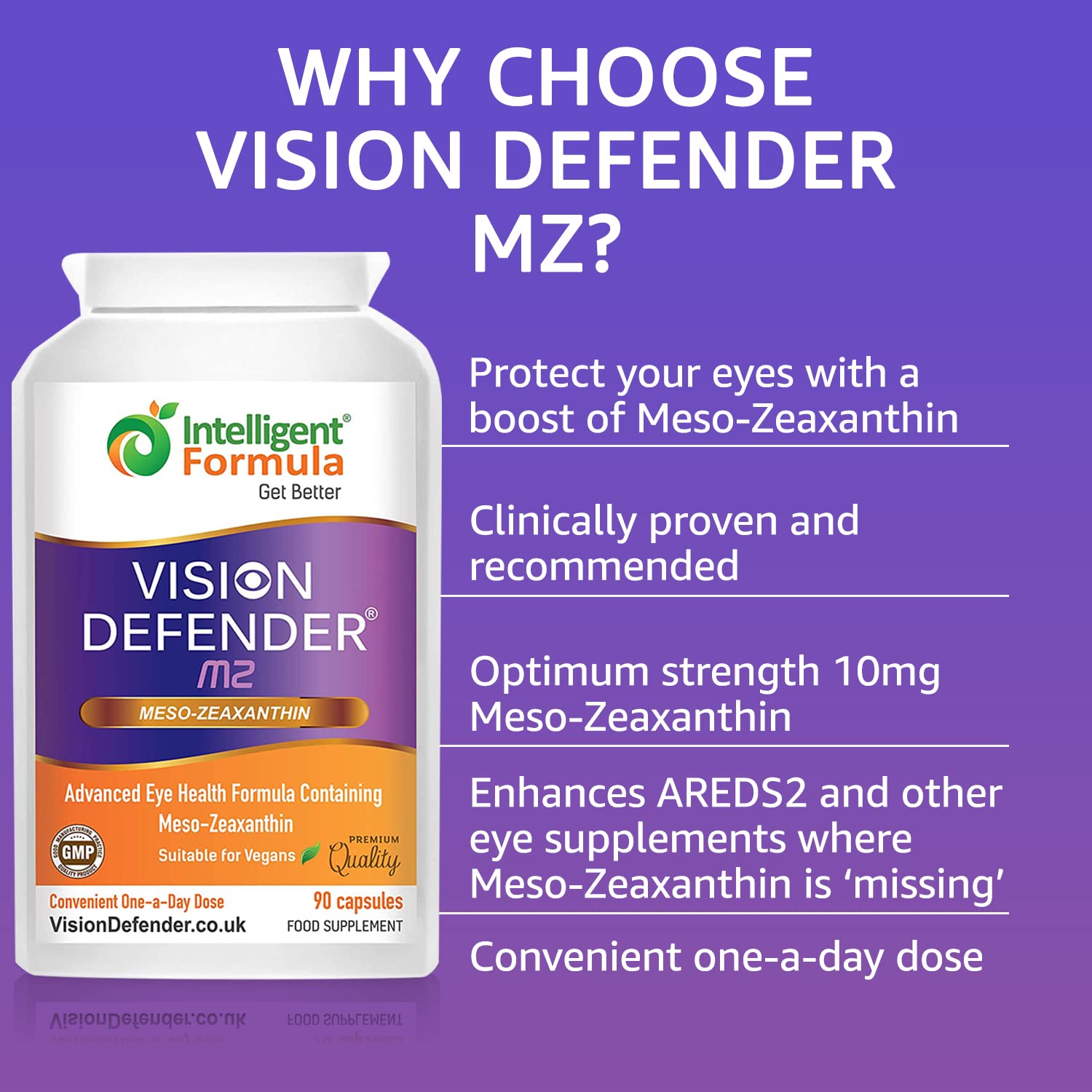 Vision Defender Meso Zeaxanthin Vegan Eye Supplement MZ- Protect and Improve Ocular Health & Eye Care, High Strength Antioxidant Carotenoid Meso-Zeaxanthin for Eyes (90 capsules/One-A-Day) Made in UK