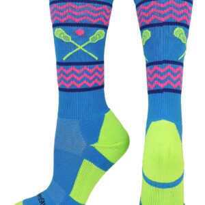 MadSportsStuff Chevron Girls Lacrosse Socks with Lacrosse Sticks Athletic Crew Socks (Electric Blue/Neon Green, Small)