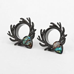 KUBOOZ(1 Pair Black Sea-shell Forest Antlers Slivery Opal Ear Plugs Tunnels Gauges Stretcher Piercings