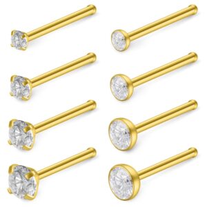 SCERRING 20G 8PCS Gold Plated Stainless Steel Bone Nose Stud Rings Piercing Jewelry 1.5mm 2mm 2.5mm 3mm Clear Cubic Zirconia