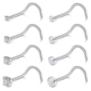 SCERRING 18G 8PCS Stainless Steel Screw Bend Nose Stud Rings Piercing Jewelry 1.5mm 2mm 2.5mm 3mm Clear Cubic Zirconia