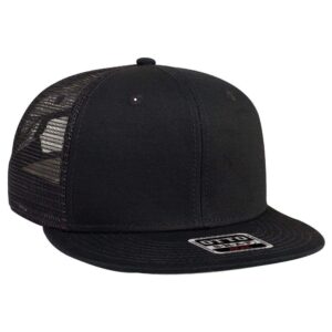 OTTO SNAP Cotton Twill Round Flat Visor 6 Panel Mesh Back Trucker Snapback - Black