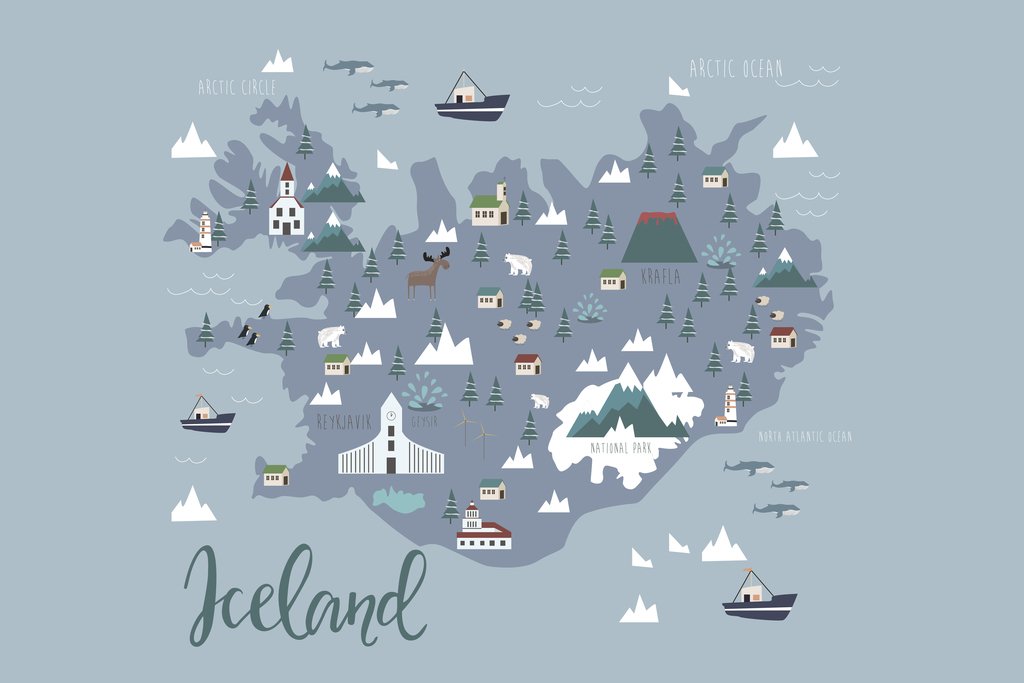 Map of Iceland Travel World Map with Cities in Detail Map Posters for Wall Map Art Wall Decor Geographical Illustration Tourist Landmark Travel Destinations Cool Wall Art Print Poster 12x18