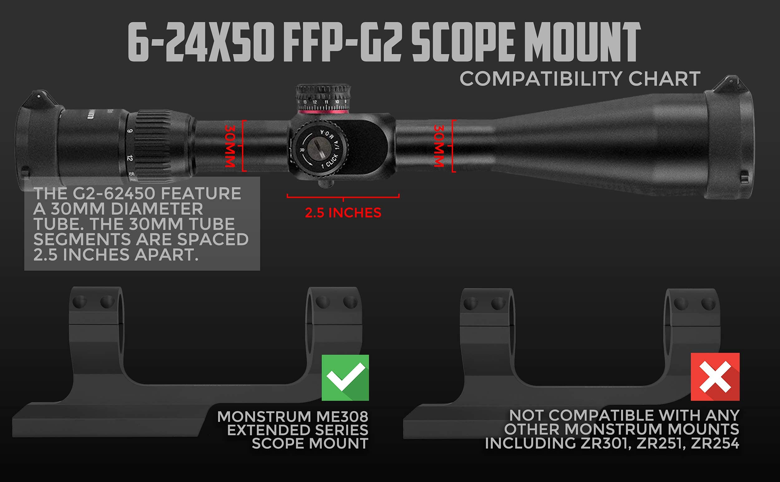 Monstrum G2 6-24x50 First Focal Plane FFP Rifle Scope with Illuminated Rangefinder Reticle and Parallax Adjustment | Black