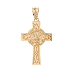 Solid 14k Yellow Gold Saint Michael Pray For Us Celtic Cross Pendant