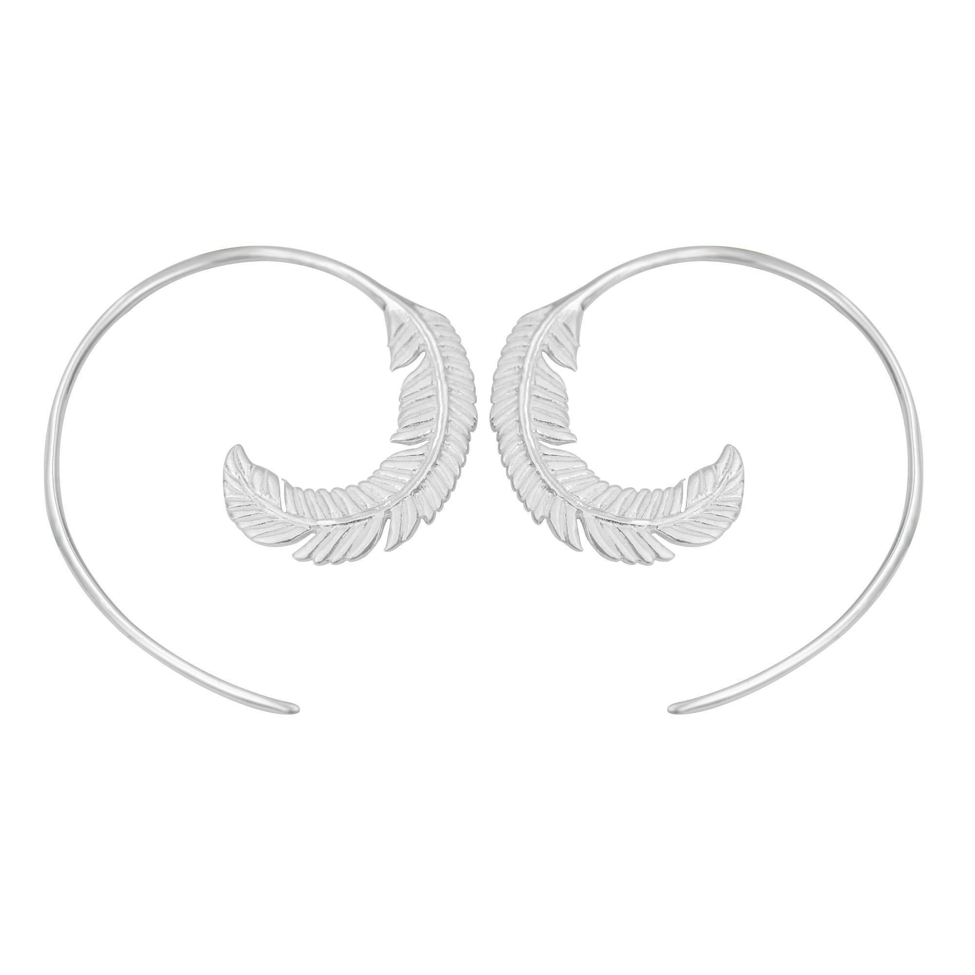 Boma Jewelry Sterling Silver Feather Matte Finish Pull Through Hoop Earrings