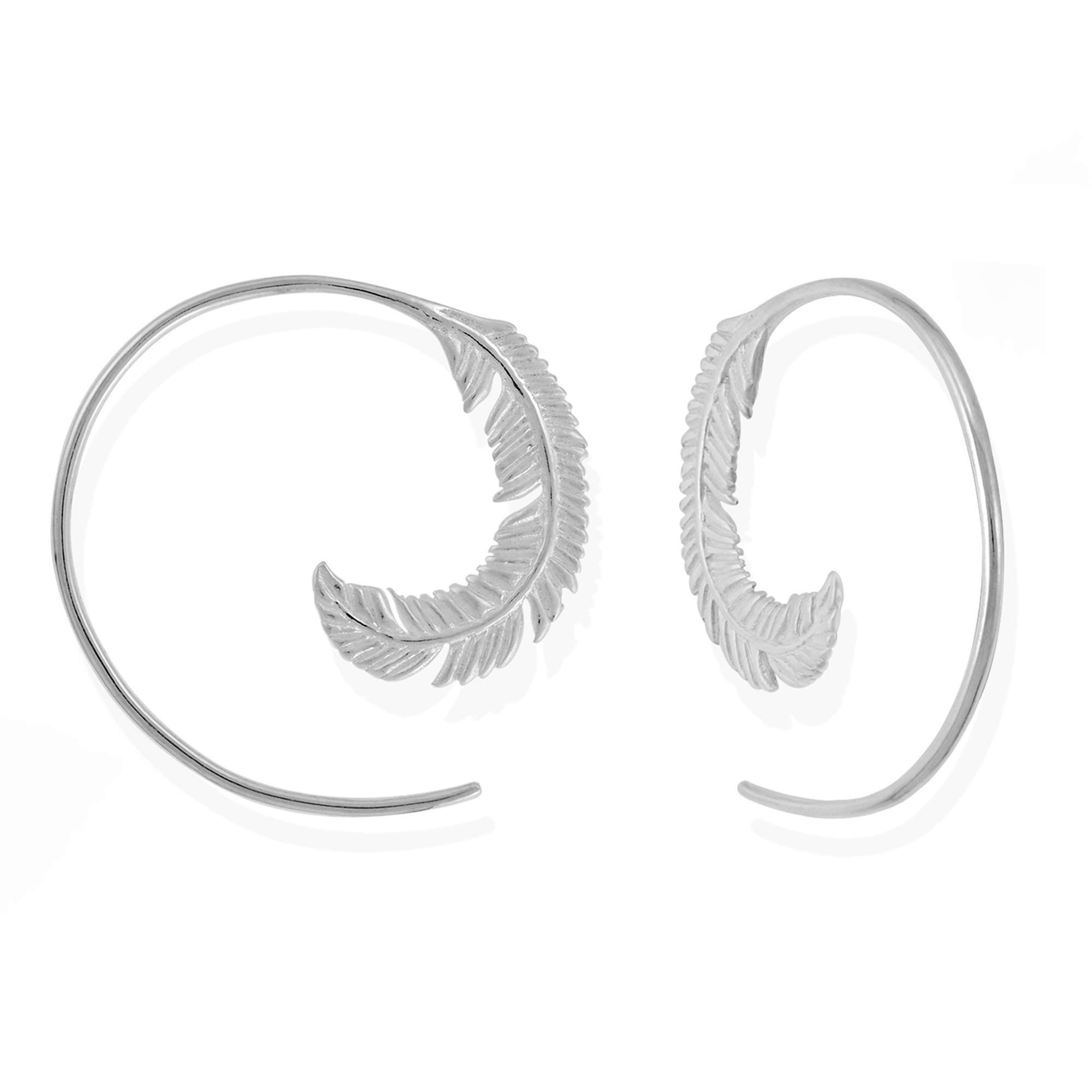 Boma Jewelry Sterling Silver Feather Matte Finish Pull Through Hoop Earrings