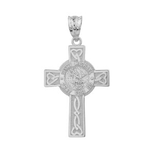 Solid 10k White Gold Saint Michael Pray For Us Celtic Cross Pendant