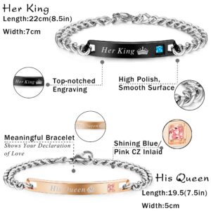 FIBO STEEL 4 Pcs Couples Bracelet for Men Women His & Her Crown Queen Bracelets Set 8mm Beads Bracelets