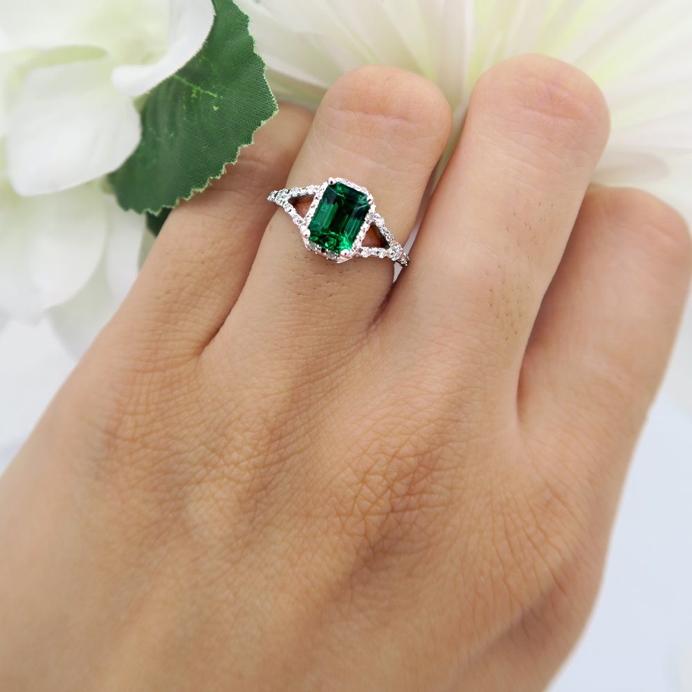 Dazzlingrock Collection 7x5mm Lab Created Emerald & Round White Diamond Halo Split Shank Engagement Ring for Women in 925 Sterling Silver Size 5.5