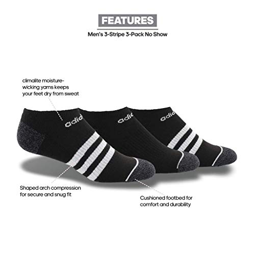 adidas Men's 3-Stripe No Show Socks (3-Pair), Black/White/Onix Grey, Large