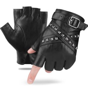 fioretto men genuine leather fingerless gloves punk half finger gloves unlined sheepskin gloves for driving motorcycle black large