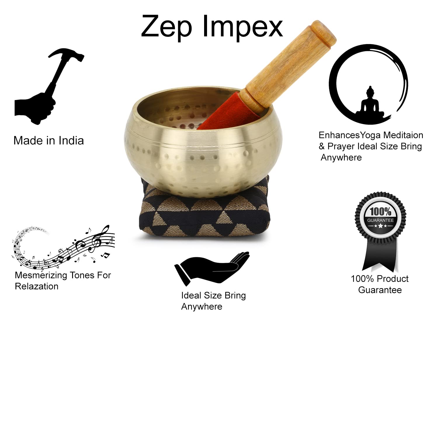 Zap impex Singing Bowl - 5 inch, Tibetan Singing Bowl Hammered Set with Beater and Singing Bowl Cushion for Meditation and Yoga