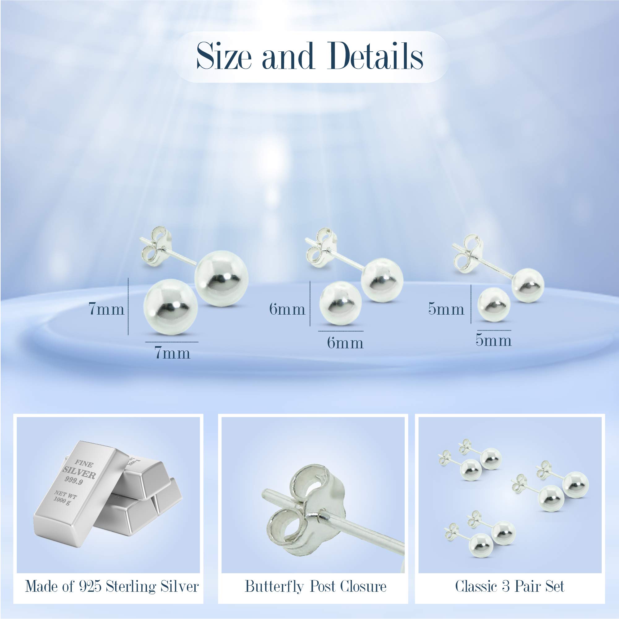 3 Pair Set of Sterling Silver Round Ball Stud Earrings, Includes 5mm-7mm (sterling-silver)