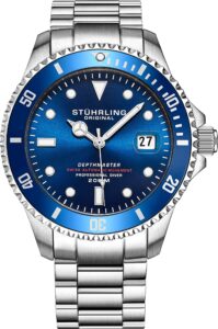 mens automatic stainless steel professional depthmaster dive watch, 200 meters water resistant, brushed and beveled bracelet with divers safety clasp and screw down crown (blue)