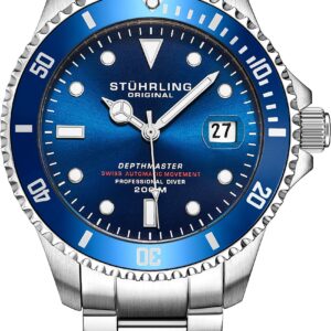 Mens Automatic Stainless Steel Professional DEPTHMASTER Dive Watch, 200 Meters Water Resistant, Brushed and Beveled Bracelet with Divers Safety Clasp and Screw Down Crown (Blue)