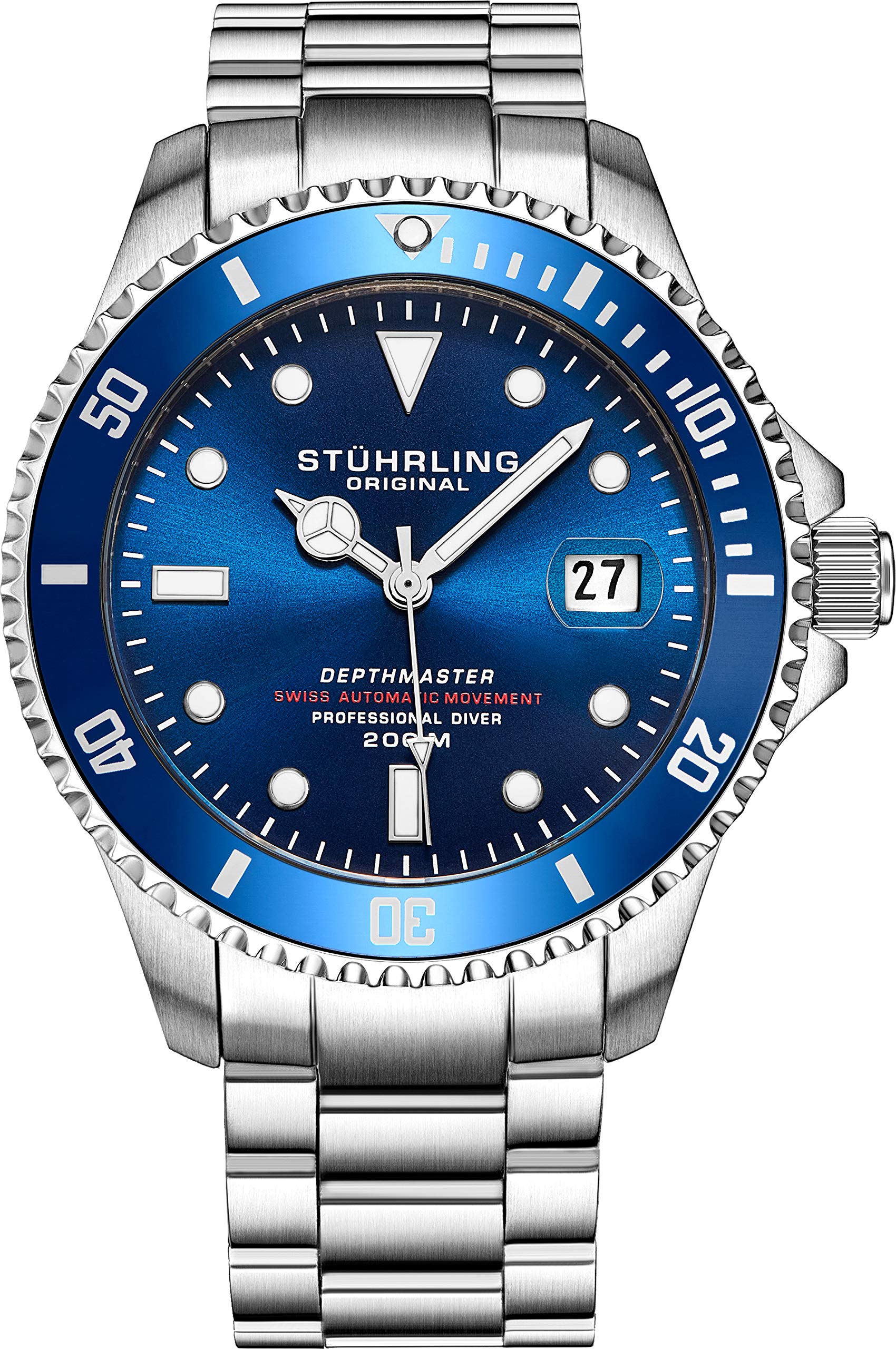 Mens Automatic Stainless Steel Professional DEPTHMASTER Dive Watch, 200 Meters Water Resistant, Brushed and Beveled Bracelet with Divers Safety Clasp and Screw Down Crown (Blue)