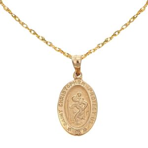 ritastephens 14k yellow gold saint st. christopher oval medal pendant charm chain necklace (18" inches)