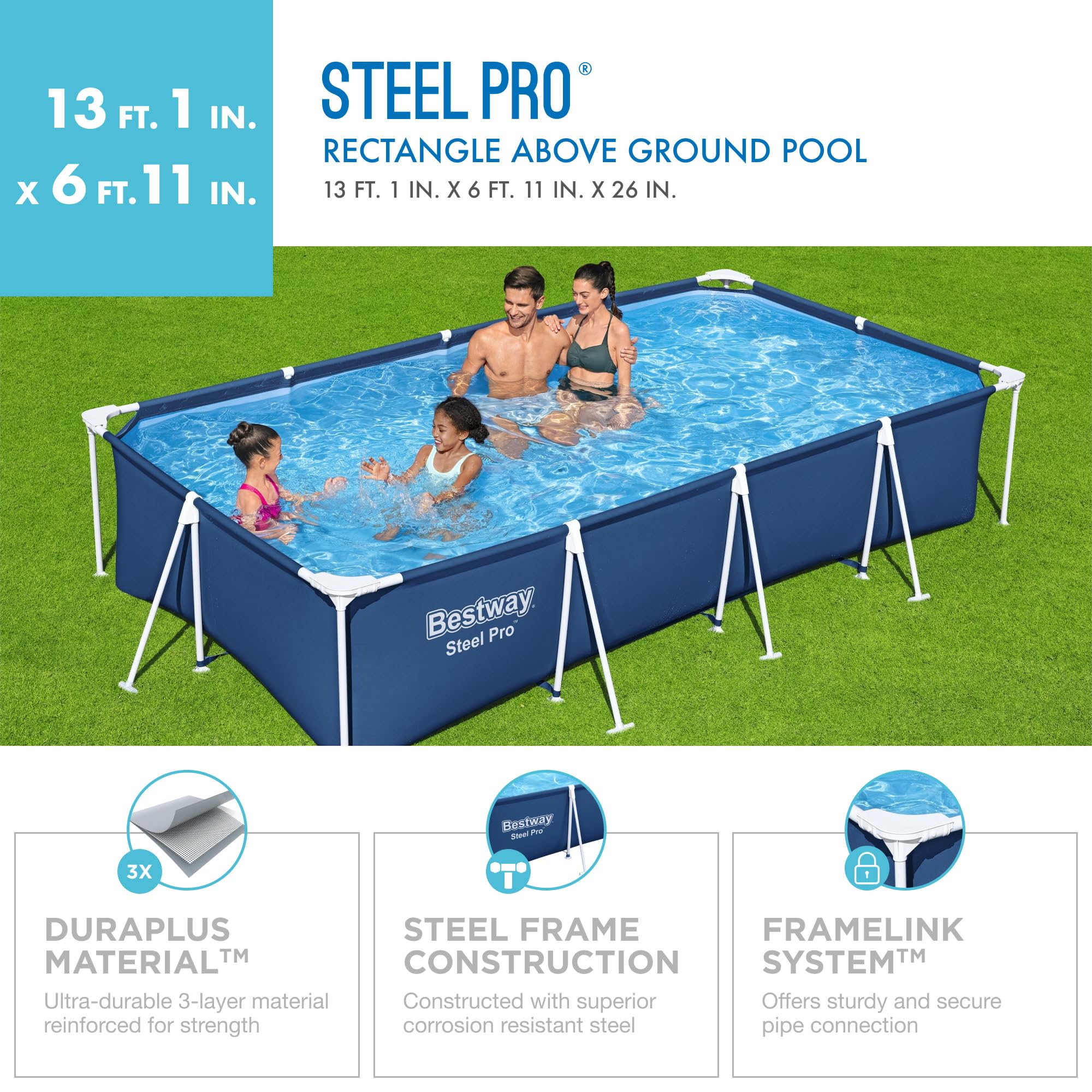 Bestway Steel Pro 13 Feet x 7 Feet x 32 Inch Rectangular Metal Frame Above Ground Outdoor Backyard Swimming Pool, Blue (Pool Only)