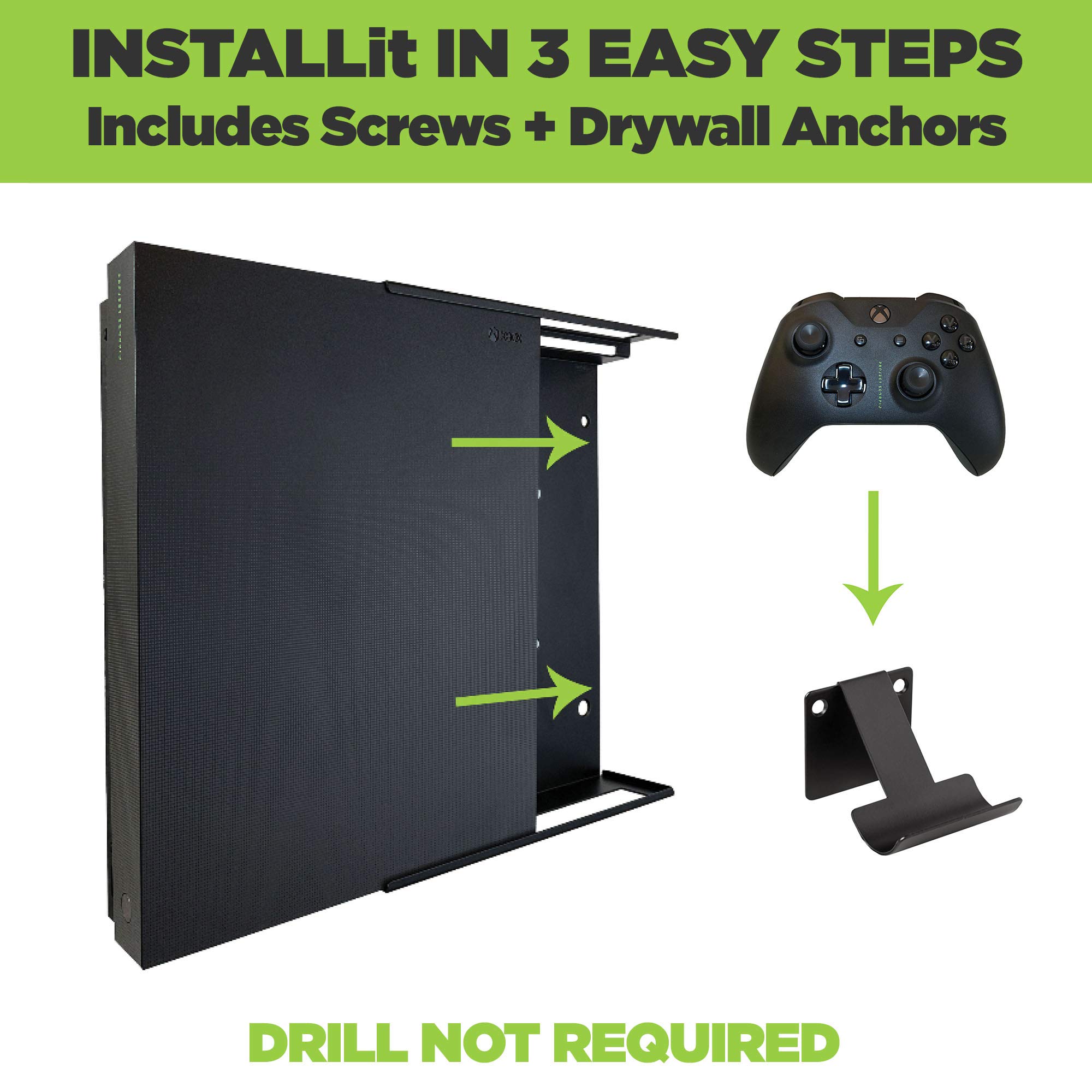 HIDEit Mounts X1X Bundle, Wall Mounts for Xbox One X and Controllers, Steel Mounts for Xbox One X and Two Controller Mounts to Safely Store Your Xbox One X and Xbox Controller Near or Behind TV