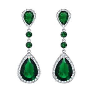 elequeen women's silver-tone cubic zirconia teardrop bridal dangle earrings emerald color