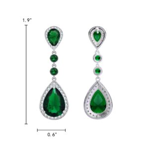 EleQueen Women's Silver-tone Cubic Zirconia Teardrop Bridal Dangle Earrings Emerald Color