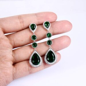 EleQueen Women's Silver-tone Cubic Zirconia Teardrop Bridal Dangle Earrings Emerald Color