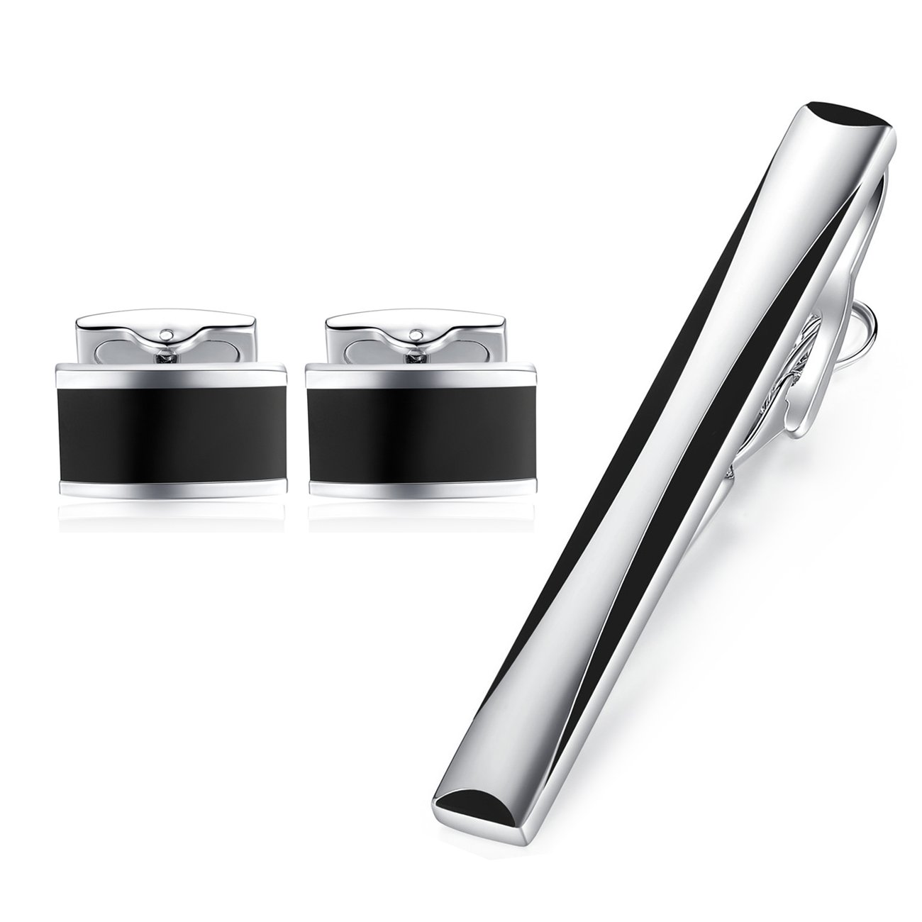 HONEY BEAR Cufflinks Tie Clip Set for Mens Shirt Rectangle Stainless Steel Business Wedding Gift (without box)