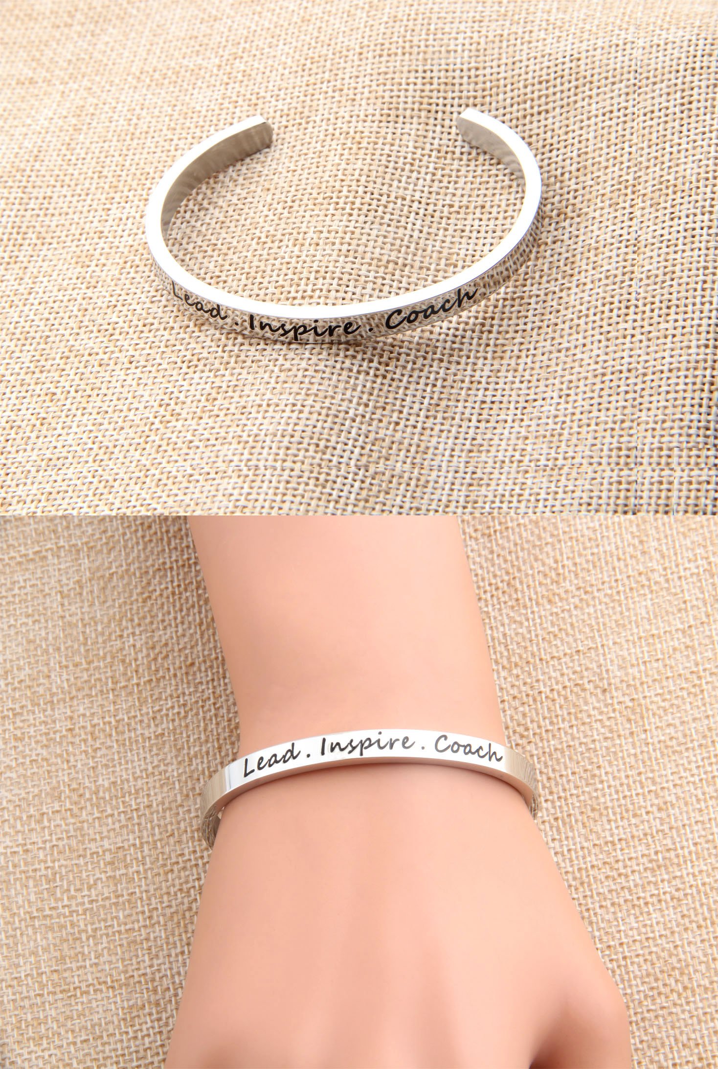 FEELMEM Cheerleader Bracelet Lead Inspire Coach Cuff Bangle Bracelet,Cheer Jewelry(SILVER)