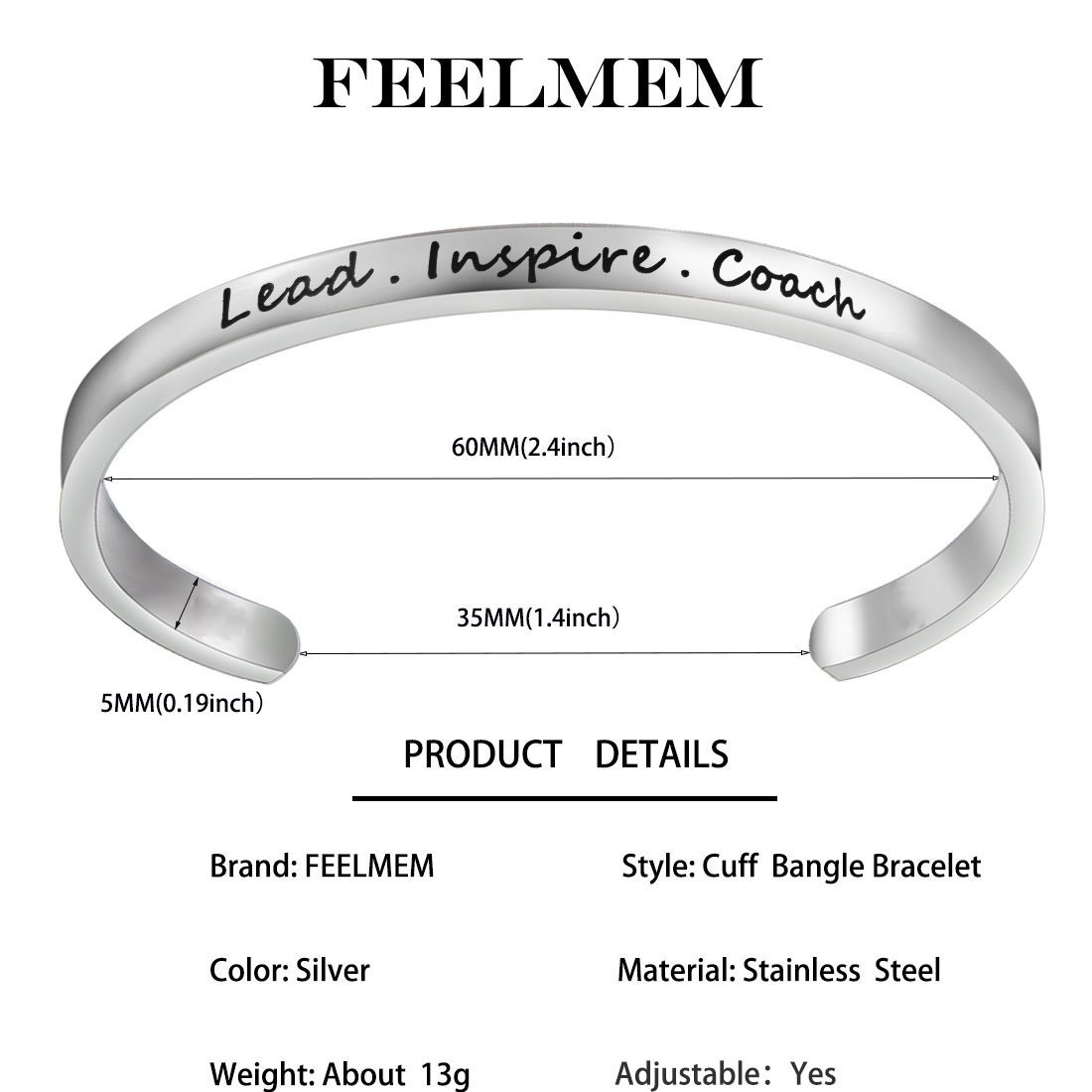 FEELMEM Cheerleader Bracelet Lead Inspire Coach Cuff Bangle Bracelet,Cheer Jewelry(SILVER)