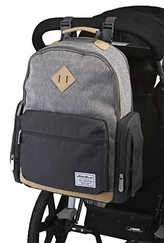 Eddie Bauer Places & Spaces Bridgeport Diaper Bag Backpack, Cooler Bottle Pockets and Changing Pad Included, Light Grey and Tan